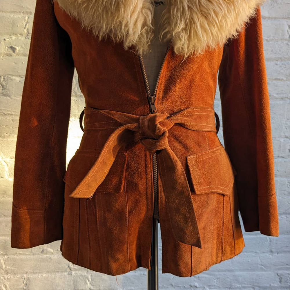 70s Vintage Orange Rusty Suede Coat Furry Penny Afghan Leather Groovy Fur Jacket - Picture 4 of 5
